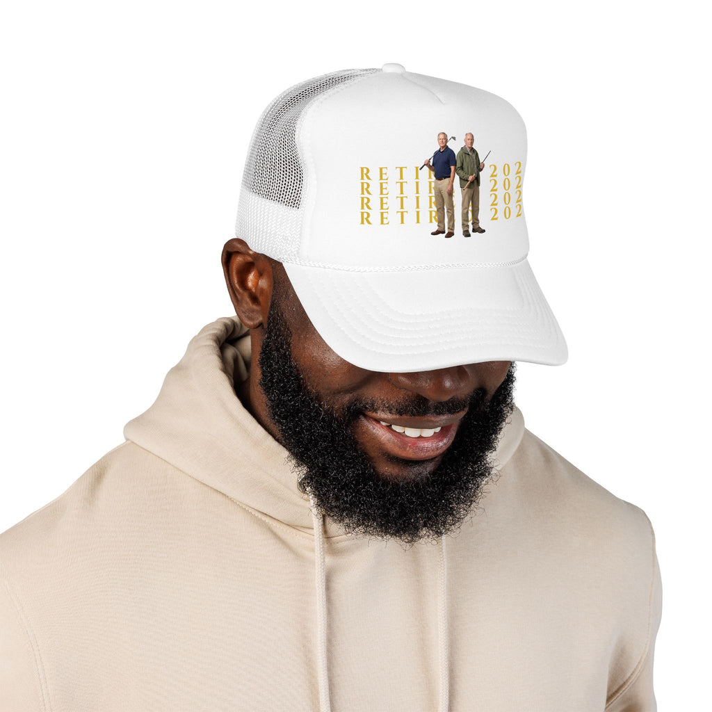 Retired 2026 Foam Personalized Image Trucker Hat | Retirement Year, Two Men Illustration