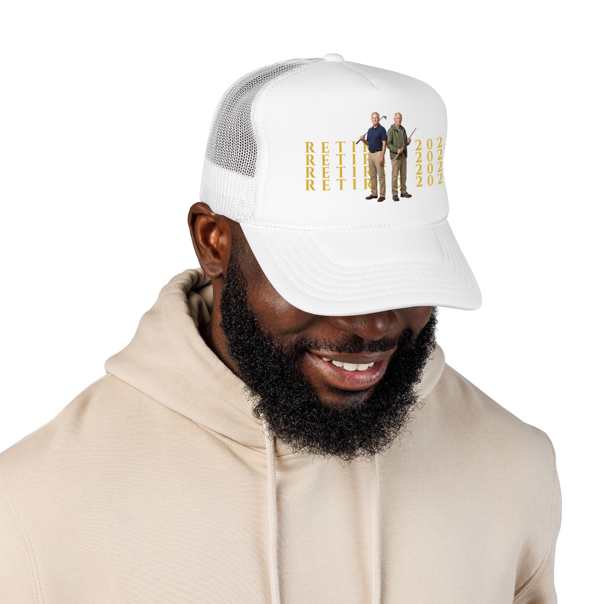 Retired 2026 Foam Personalized Image Trucker Hat | Retirement Year, Two Men Illustration