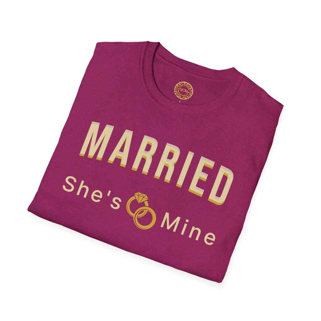 Married “She’s Mine” Tee Shirt | Elegant  print that reads “MARRIED” above a delicate rings motif and “She’s Mine | Wedding Tee