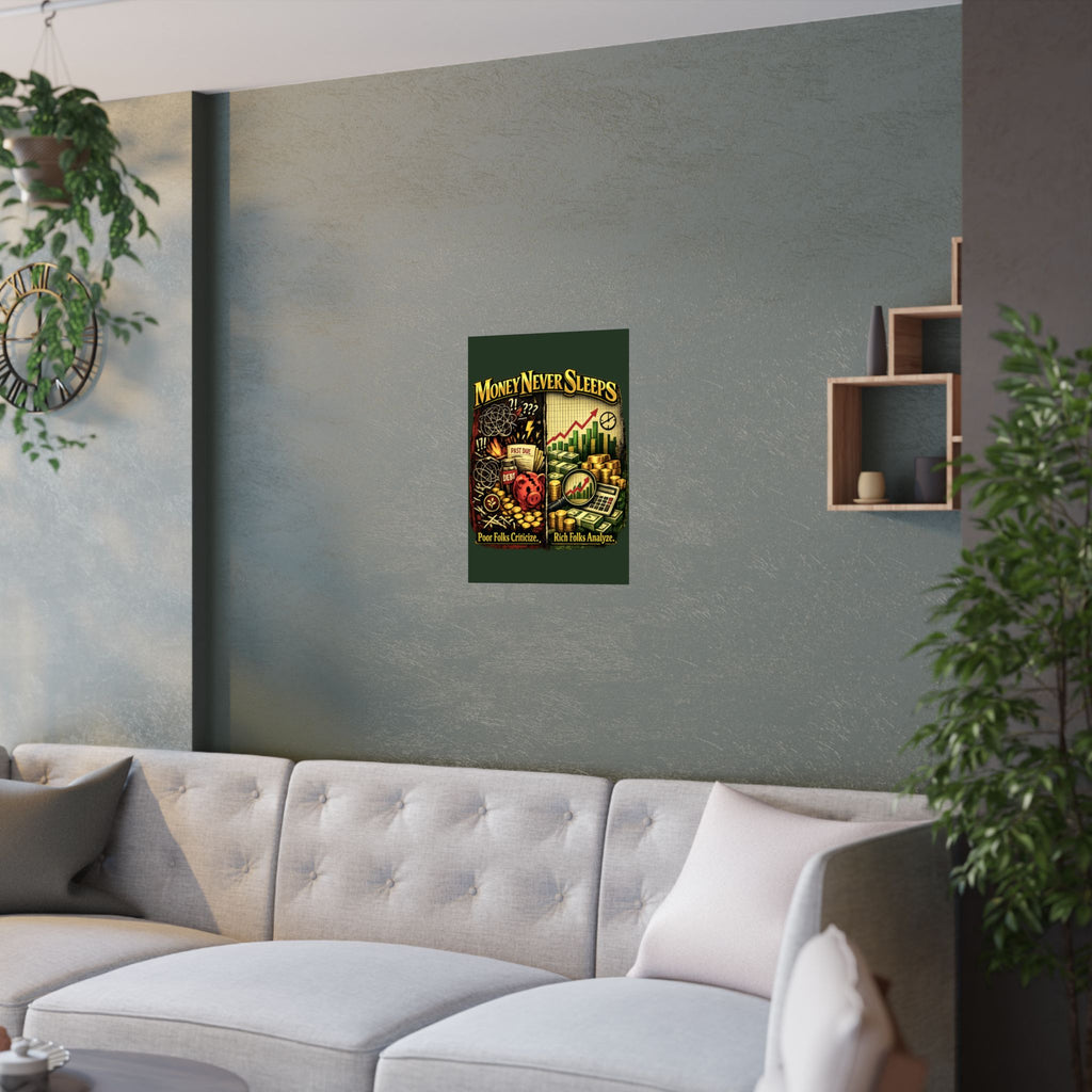 Money Never Sleeps Poster – Finance Illustration Satin Wall Art