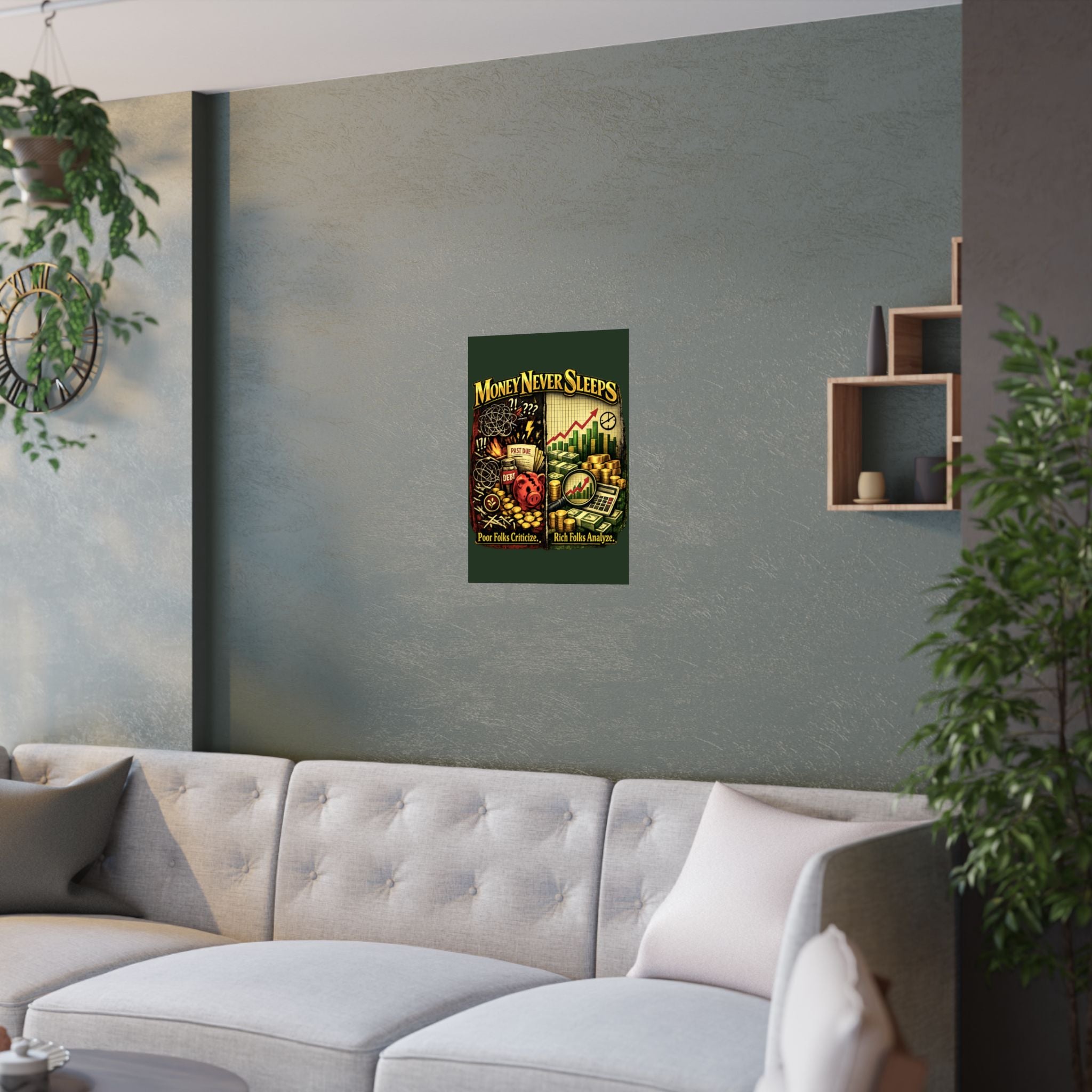 Money Never Sleeps Poster – Finance Illustration Satin Wall Art