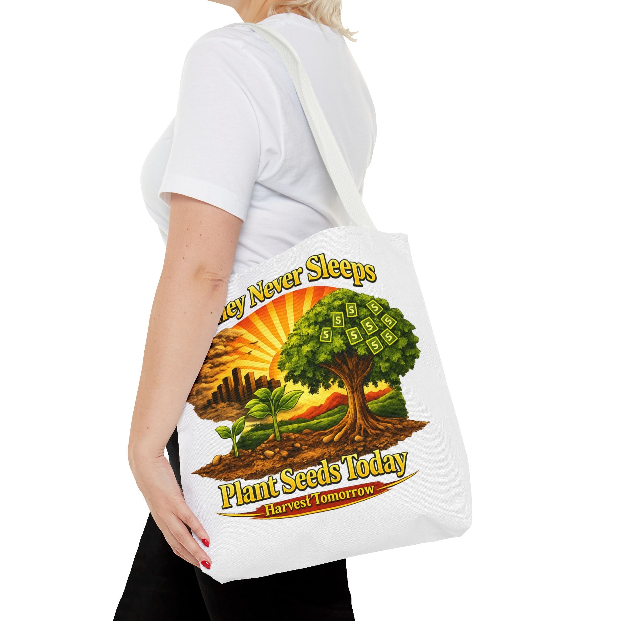 Money Never Sleeps Plant Seeds Today Tote Bag | Money Tree Illustration