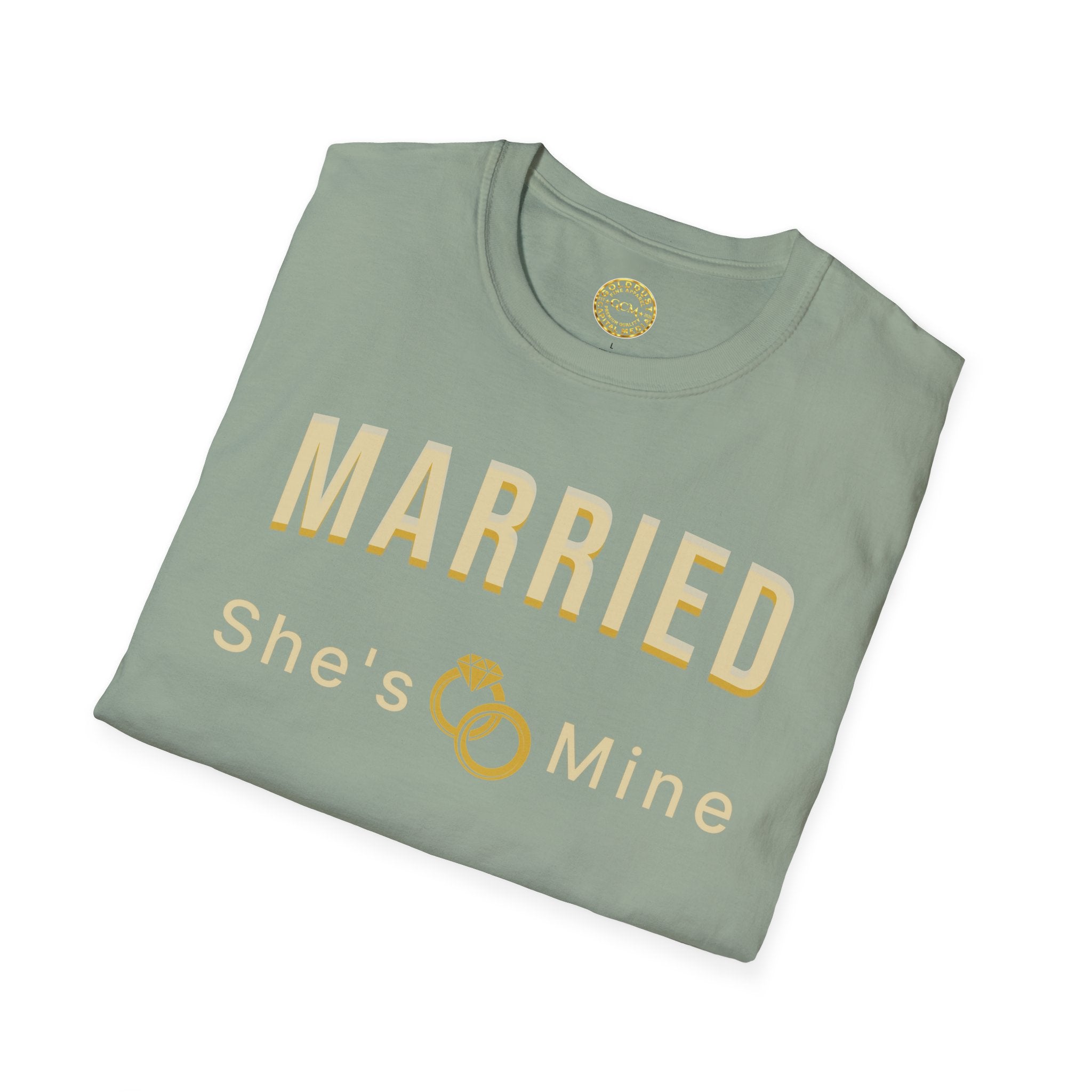 Married “She’s Mine” Tee Shirt | Elegant  print that reads “MARRIED” above a delicate rings motif and “She’s Mine | Wedding Tee
