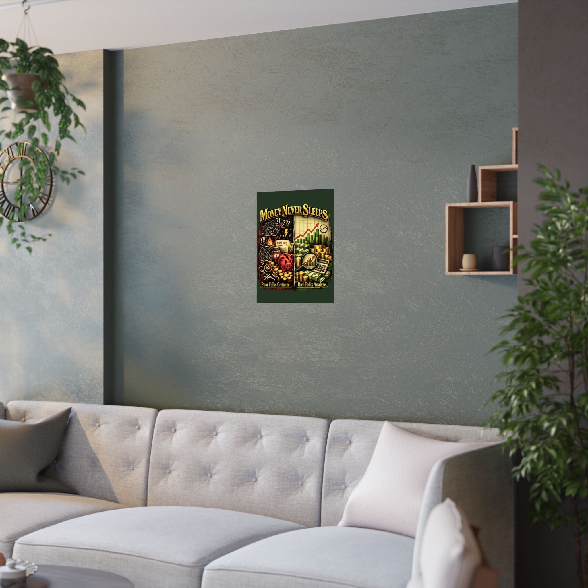 Money Never Sleeps Poster – Finance Illustration Satin Wall Art