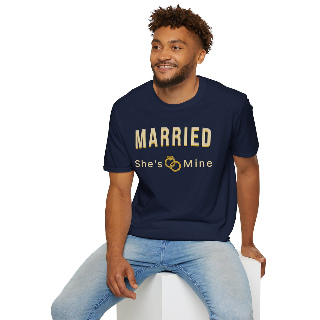 Married “She’s Mine” Tee Shirt | Elegant  print that reads “MARRIED” above a delicate rings motif and “She’s Mine | Wedding Tee