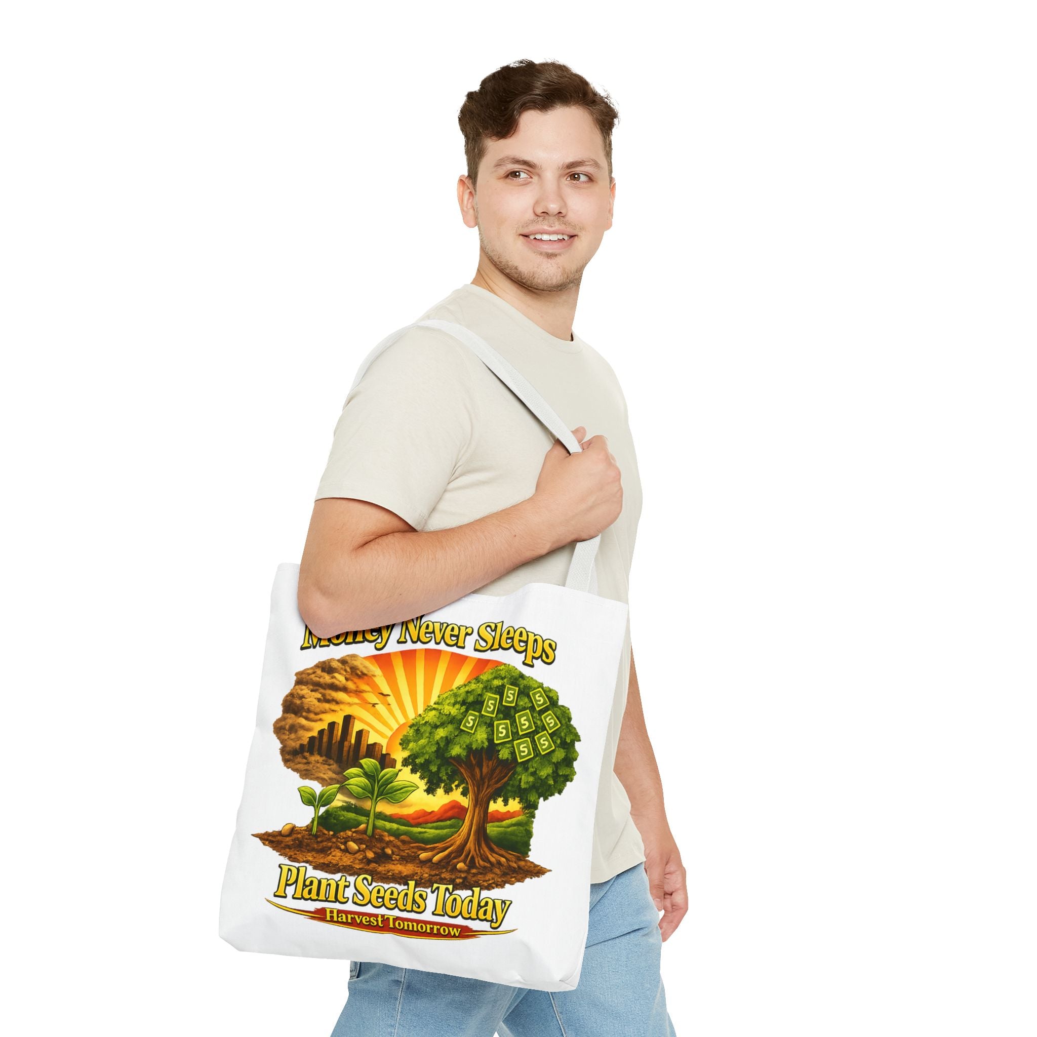 Money Never Sleeps Plant Seeds Today Tote Bag | Money Tree Illustration