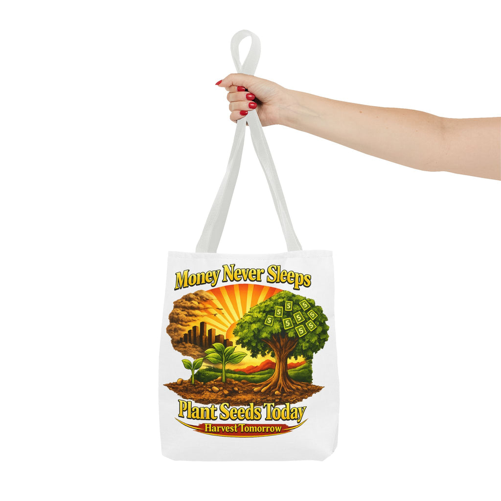 Money Never Sleeps Plant Seeds Today Tote Bag | Money Tree Illustration