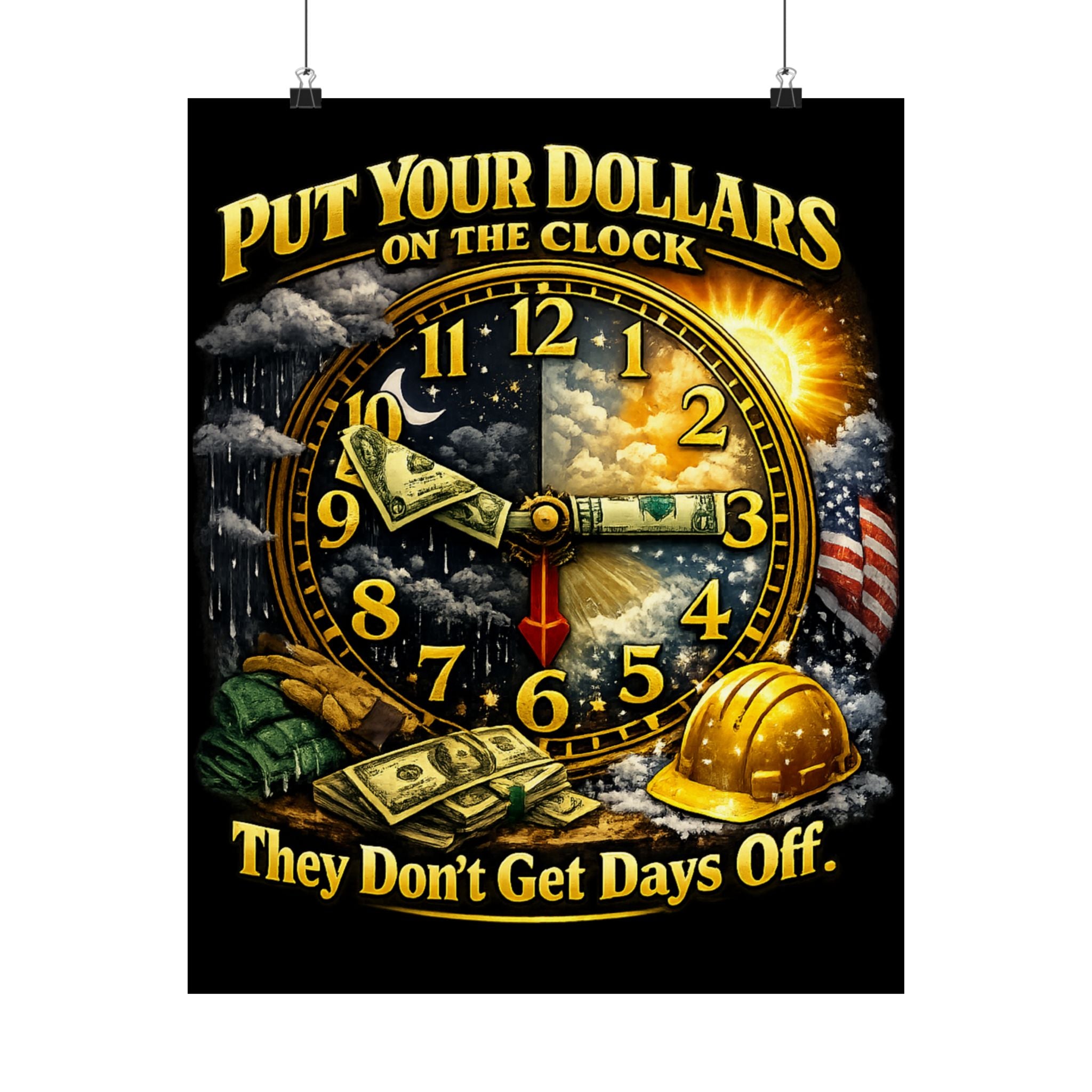 Put Your Dollars On The Clock Poster – Money Never Sleeps Motivational Wall Art