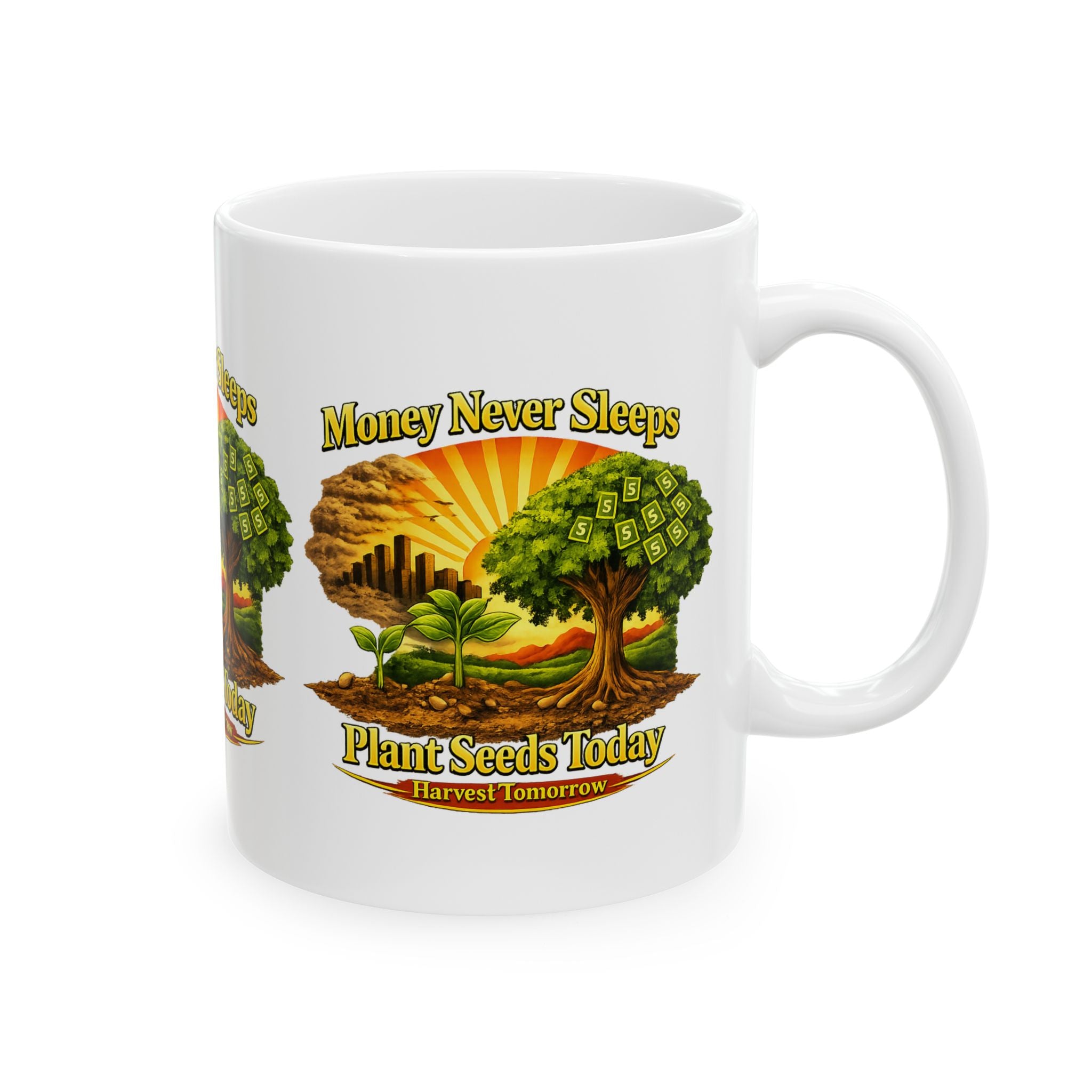 Money Never Sleeps Plant Seeds Today Mug | Money Tree Illustration