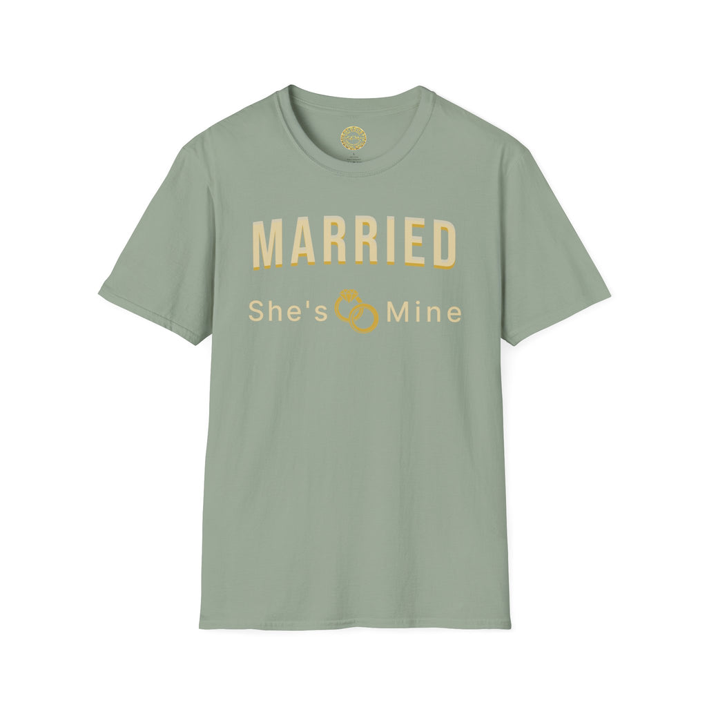 Married “She’s Mine” Tee Shirt | Elegant  print that reads “MARRIED” above a delicate rings motif and “She’s Mine | Wedding Tee