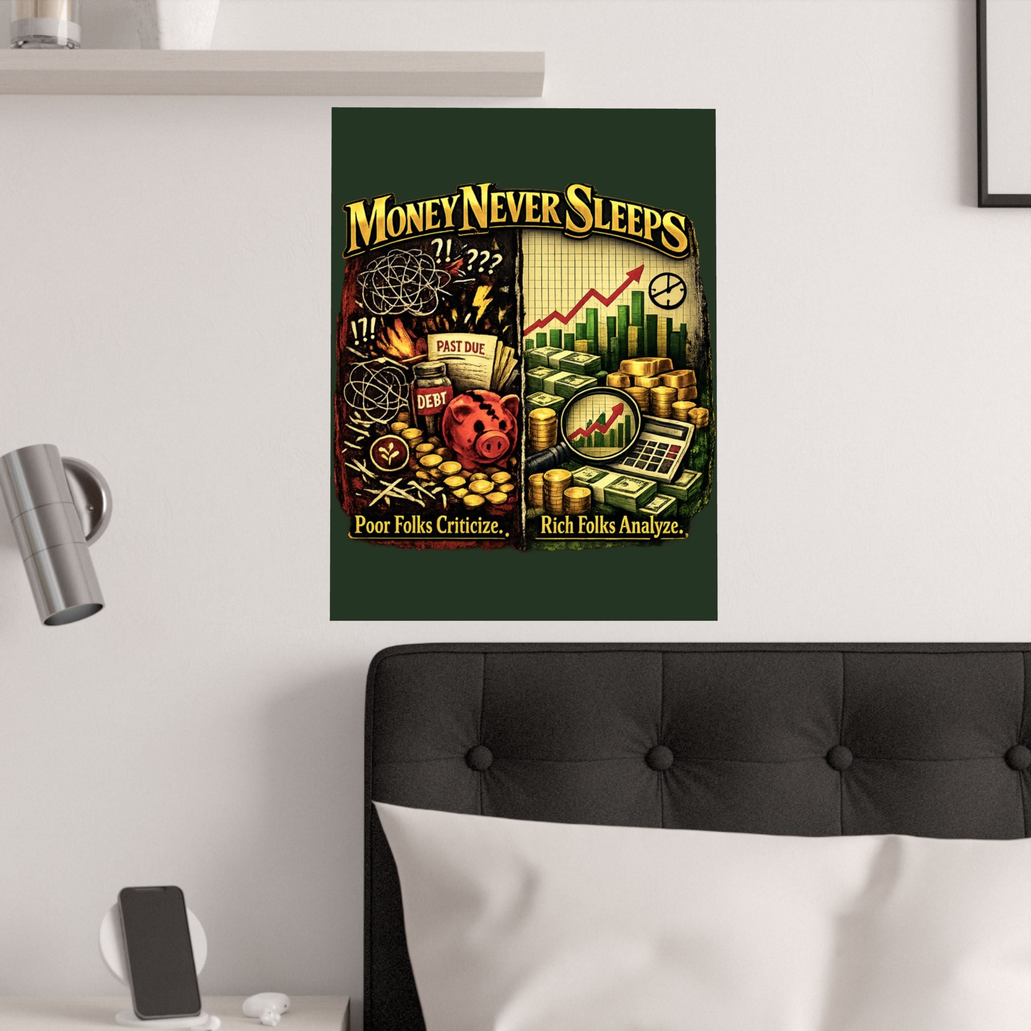 Money Never Sleeps Poster – Finance Illustration Satin Wall Art