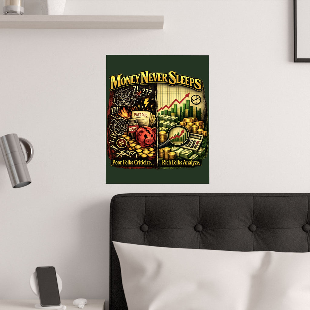 Money Never Sleeps Poster – Finance Illustration Satin Wall Art