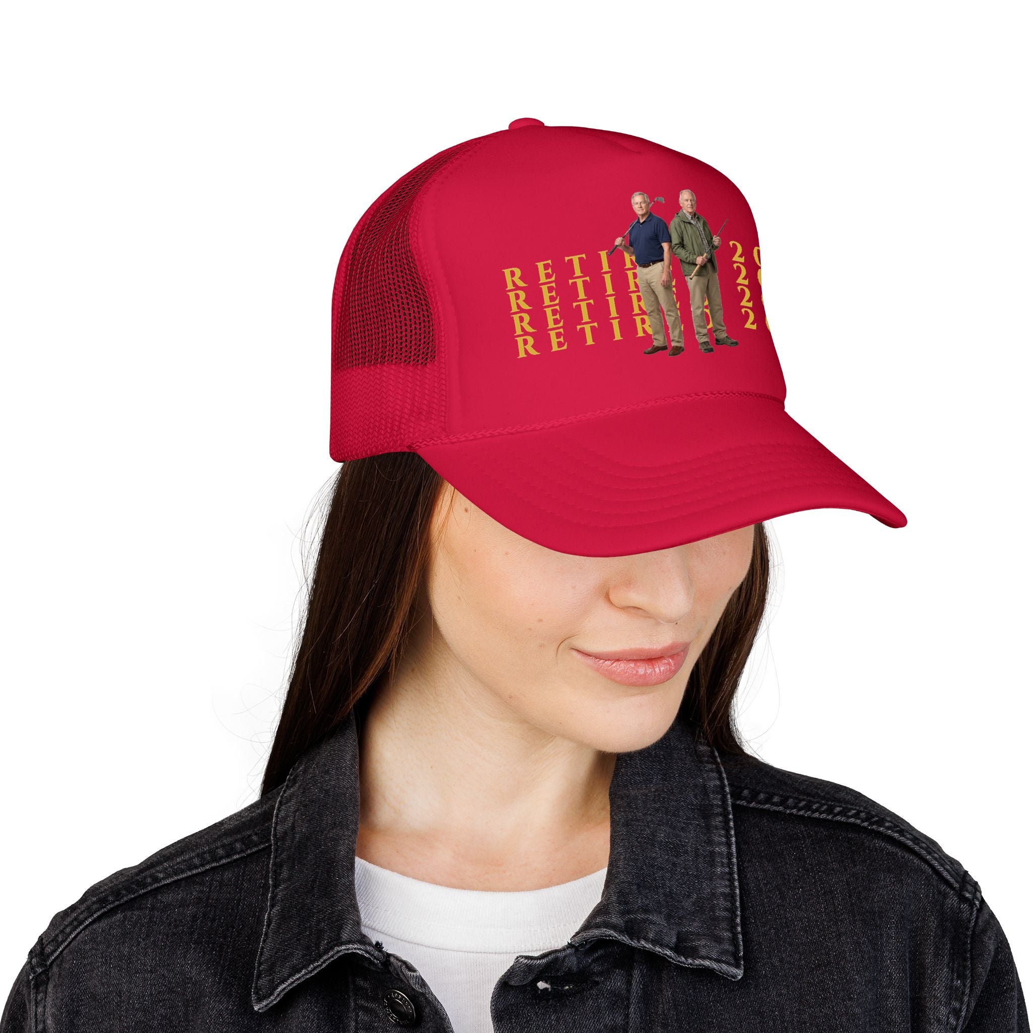 Retired 2026 Foam Personalized Image Trucker Hat | Retirement Year, Two Men Illustration