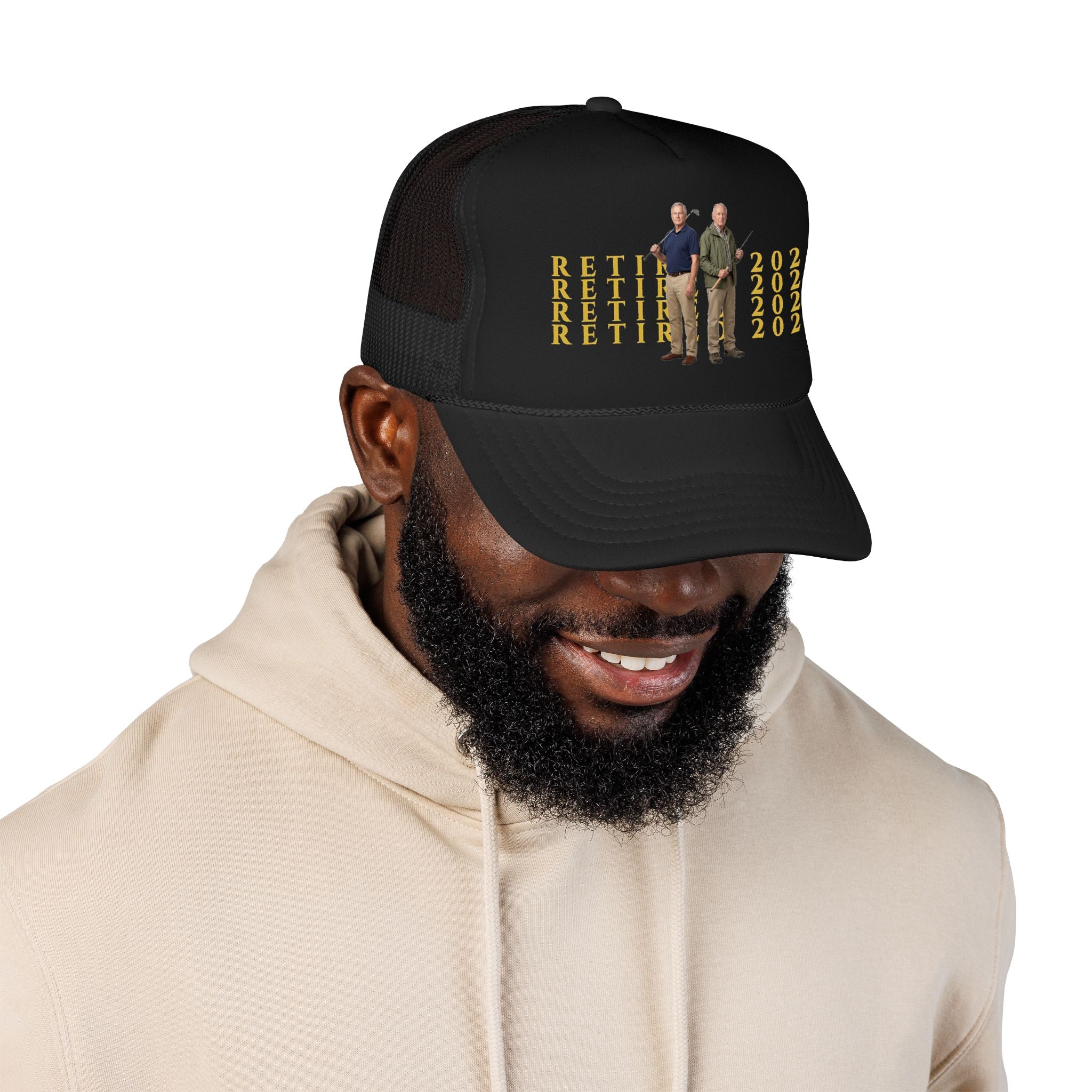 Retired 2026 Foam Personalized Image Trucker Hat | Retirement Year, Two Men Illustration