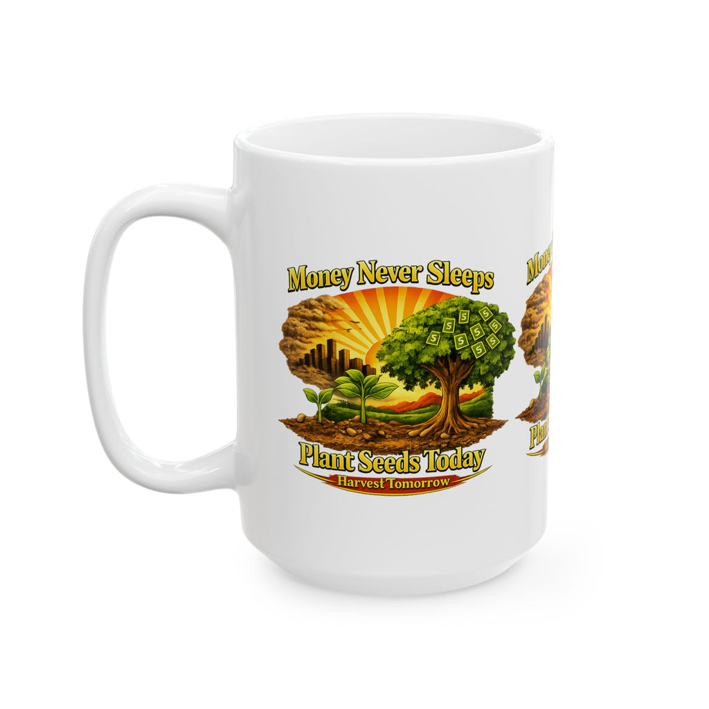 Money Never Sleeps Plant Seeds Today Mug | Money Tree Illustration