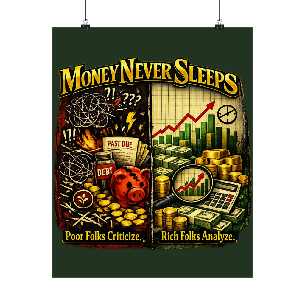 Money Never Sleeps Poster – Finance Illustration Satin Wall Art