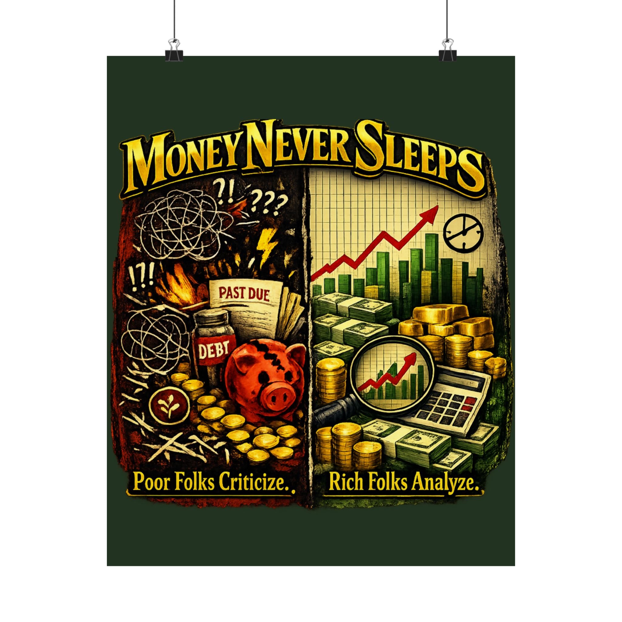 Money Never Sleeps Poster – Finance Illustration Satin Wall Art