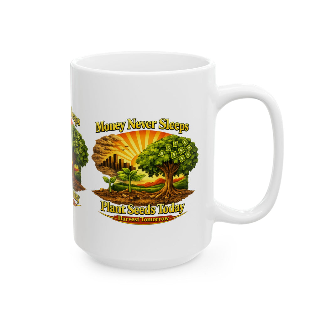 Money Never Sleeps Plant Seeds Today Mug | Money Tree Illustration