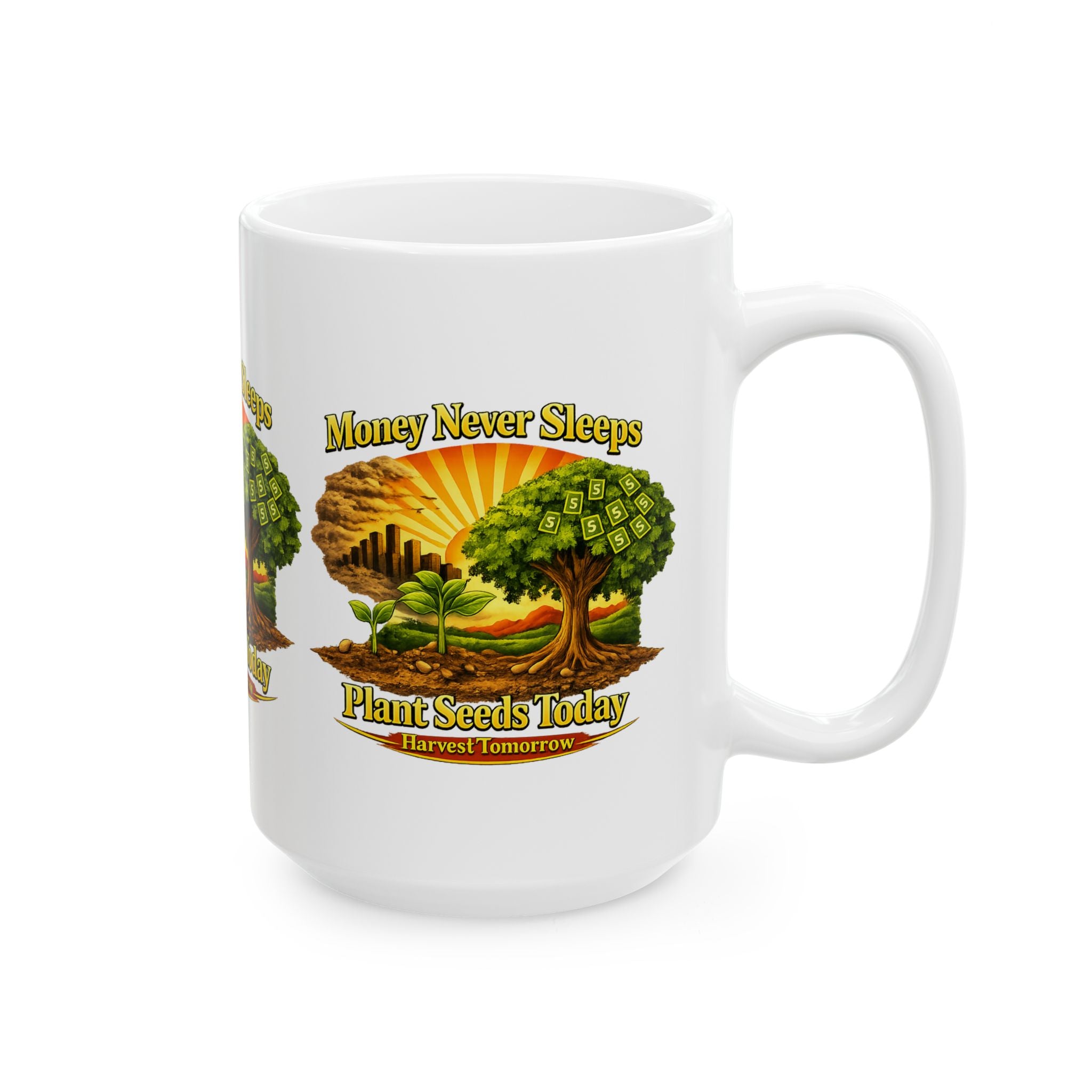 Money Never Sleeps Plant Seeds Today Mug | Money Tree Illustration