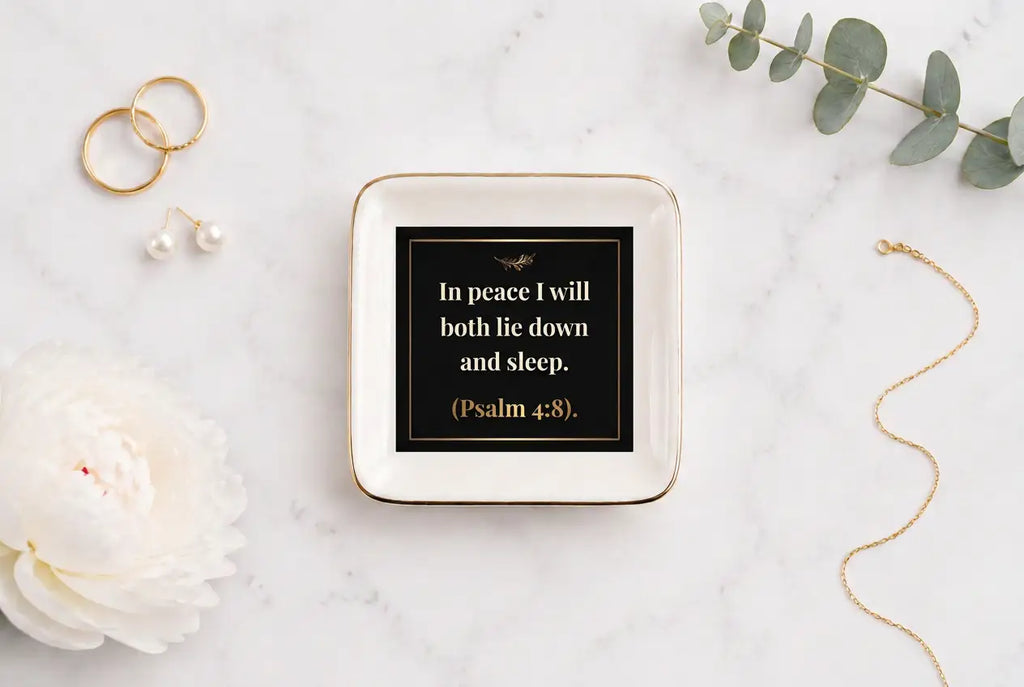 Ceramic Trinket Tray | Psalm 4:8 Peaceful Sleep Scripture | Inspirational Tray Home Decor Golddust Capital Media