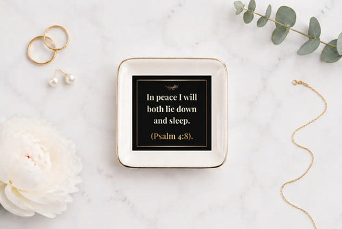 Ceramic Trinket Tray | Psalm 4:8 Peaceful Sleep Scripture | Inspirational Tray Home Decor Golddust Capital Media