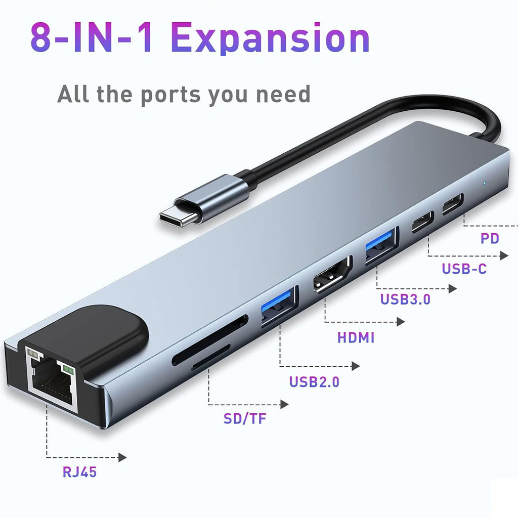 Type-C 8-in-1 Docking Station – USB Hub with Ethernet, Card Reader & 5Gbps Transfer, Plug & Play