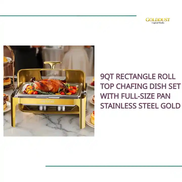 9Qt Rectangle Roll Top Chafing Dish Set With Full-Size Pan Stainless Steel Gold by@Outfy