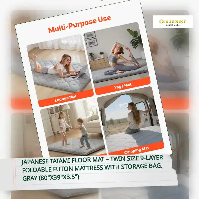 Japanese Tatami Floor Mat &ndash; Twin Size 9-Layer Foldable Futon Mattress with Storage Bag, Gray (80"x39"x3.5") by@Outfy