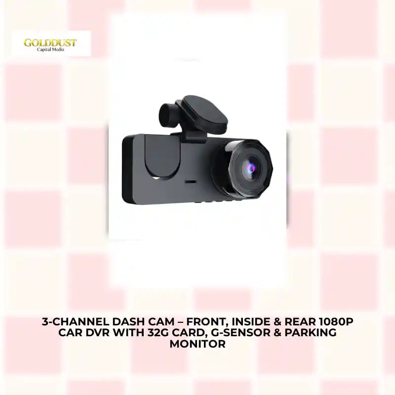 3-Channel Dash Cam &ndash; Front, Inside & Rear 1080P Car DVR with 32G Card, G-Sensor & Parking Monitor by@Outfy