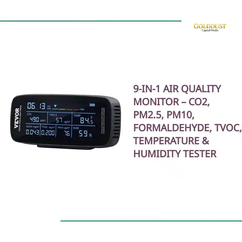 9-in-1 Air Quality Monitor &ndash; CO2, PM2.5, PM10, Formaldehyde, TVOC, Temperature &amp; Humidity Tester by@Outfy