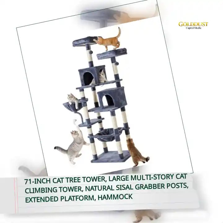 71-inch Cat Tree Tower, Large Multi-story Cat Climbing Tower, Natural Sisal Grabber Posts, Extended Platform, Hammock by@Outfy