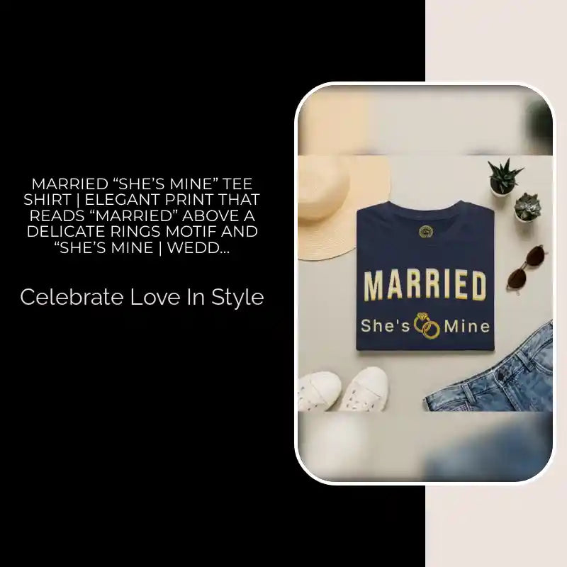 Married &ldquo;She&rsquo;s Mine&rdquo; Tee Shirt | Elegant print that reads &ldquo;MARRIED&rdquo; above a delicate rings motif and &ldquo;She&rsquo;s Mine | Wedding Tee by@Outfy