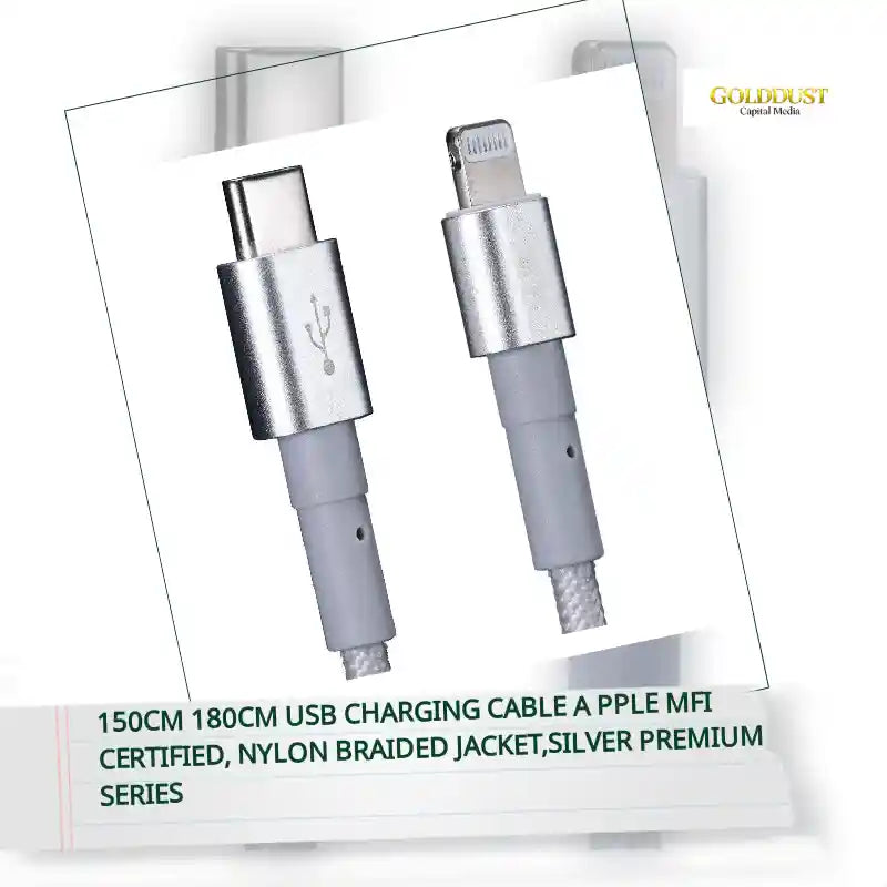 150cm 180cm USB Charging Cable A Pple MFi Certified, Nylon Braided Jacket,silver Premium Series by@Outfy