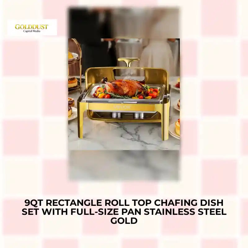 9Qt Rectangle Roll Top Chafing Dish Set With Full-Size Pan Stainless Steel Gold by@Outfy