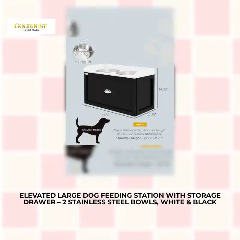 Elevated Large Dog Feeding Station with Storage Drawer &ndash; 2 Stainless Steel Bowls, White & Black by@Outfy