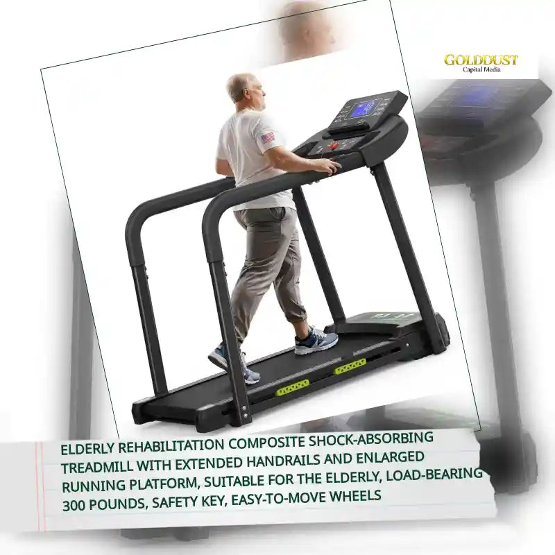 Elderly Rehabilitation Composite Shock-absorbing Treadmill With Extended Handrails And Enlarged Running Platform, Suitable For The Elderly, Load-bearing 300 Pounds, Safety Key, Easy-to-move Wheels by@Outfy
