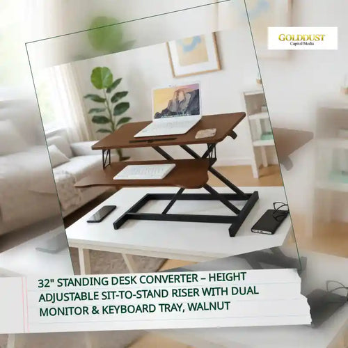 32" Standing Desk Converter &ndash; Height Adjustable Sit-to-Stand Riser with Dual Monitor &amp; Keyboard Tray, Walnut by@Outfy