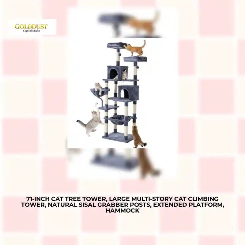 71-inch Cat Tree Tower, Large Multi-story Cat Climbing Tower, Natural Sisal Grabber Posts, Extended Platform, Hammock by@Outfy