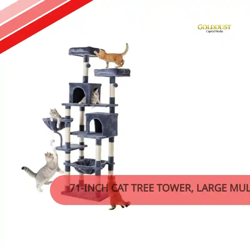 71-inch Cat Tree Tower, Large Multi-story Cat Climbing Tower, Natural Sisal Grabber Posts, Extended Platform, Hammock by@Outfy