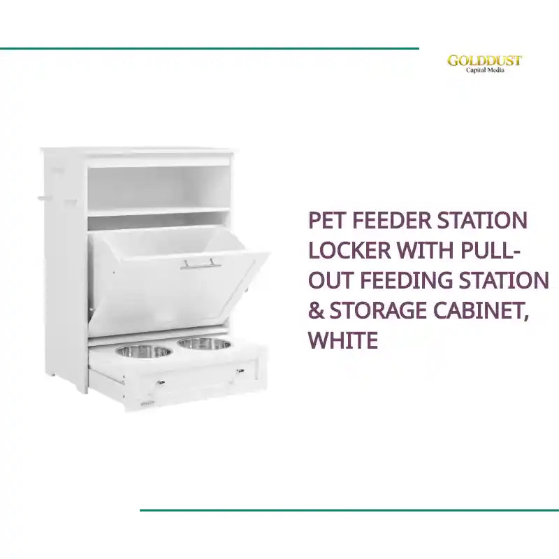 Pet Feeder Station Locker with Pull-Out Feeding Station &amp; Storage Cabinet, White by@Outfy