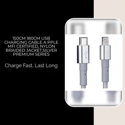 150cm 180cm USB Charging Cable A Pple MFi Certified, Nylon Braided Jacket,silver Premium Series by@Outfy