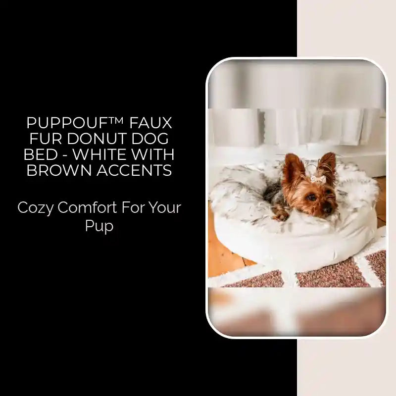 PupPouf&trade; Faux Fur Donut Dog Bed - White with Brown Accents by@Outfy