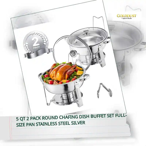 5 Qt 2 Pack Round Chafing Dish Buffet Set Full-Size Pan Stainless Steel Silver by@Outfy
