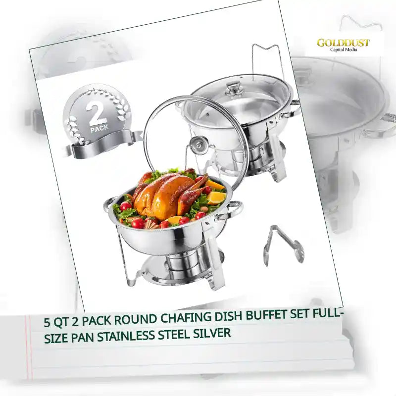 5 Qt 2 Pack Round Chafing Dish Buffet Set Full-Size Pan Stainless Steel Silver by@Outfy