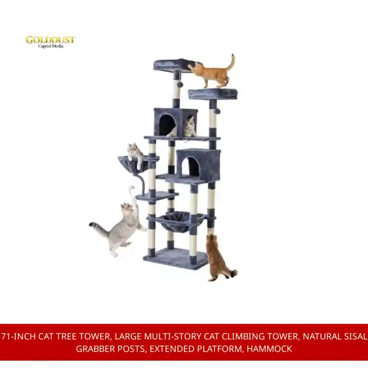 71-inch Cat Tree Tower, Large Multi-story Cat Climbing Tower, Natural Sisal Grabber Posts, Extended Platform, Hammock by@Outfy